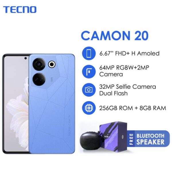 Tecno Camon 20 WithFreeGif 6.67256 8GB 64 2MP AI 32MP CAM，Blue